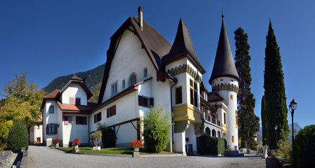 Fototapeta na wymiar SWISS, YVORNE, 27 octobre 2017, Famous castle Chateau maison blanche in canton Vaud, Switzerland, SWISS, YVORNE, 27 octobre 2017