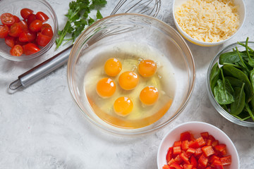 Fresh vegetables, eggs and cheese. Ingredients for healthy breakfast