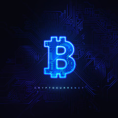 Glowing neon light bitcoin sign and circuit board background.