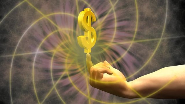 Rotazione del simbolo del dollaro in oro sul dito indice di una mano su sfondo animato