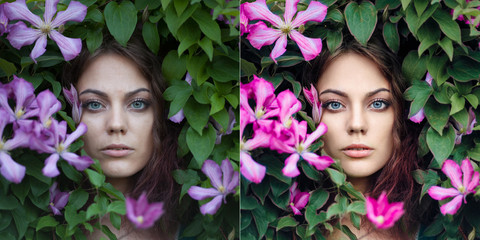 Perfectly retouched -  before and after girl portrait.