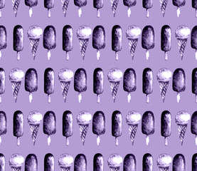 Seamless ice-cream pattern. Watercolor hand drawn summer print in unusual colors with ice lolly