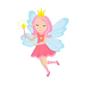 Cute little fairy icon, cartoon style. Isolated on white background. Vector illustration