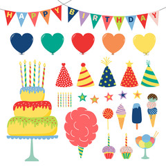 Collection of hand drawn birthday party design elements with cake, balloons, hats, bunting, ice cream, typography. Isolated objects on white background. Vector illustration. Design concept for kids.