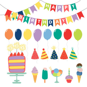 Collection of hand drawn birthday party design elements with cake, balloons, hats, bunting, ice cream, typography. Isolated objects on white background. Vector illustration. Design concept for kids.
