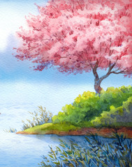 Obraz premium Spring watercolor landscape. Flowering trees over lake