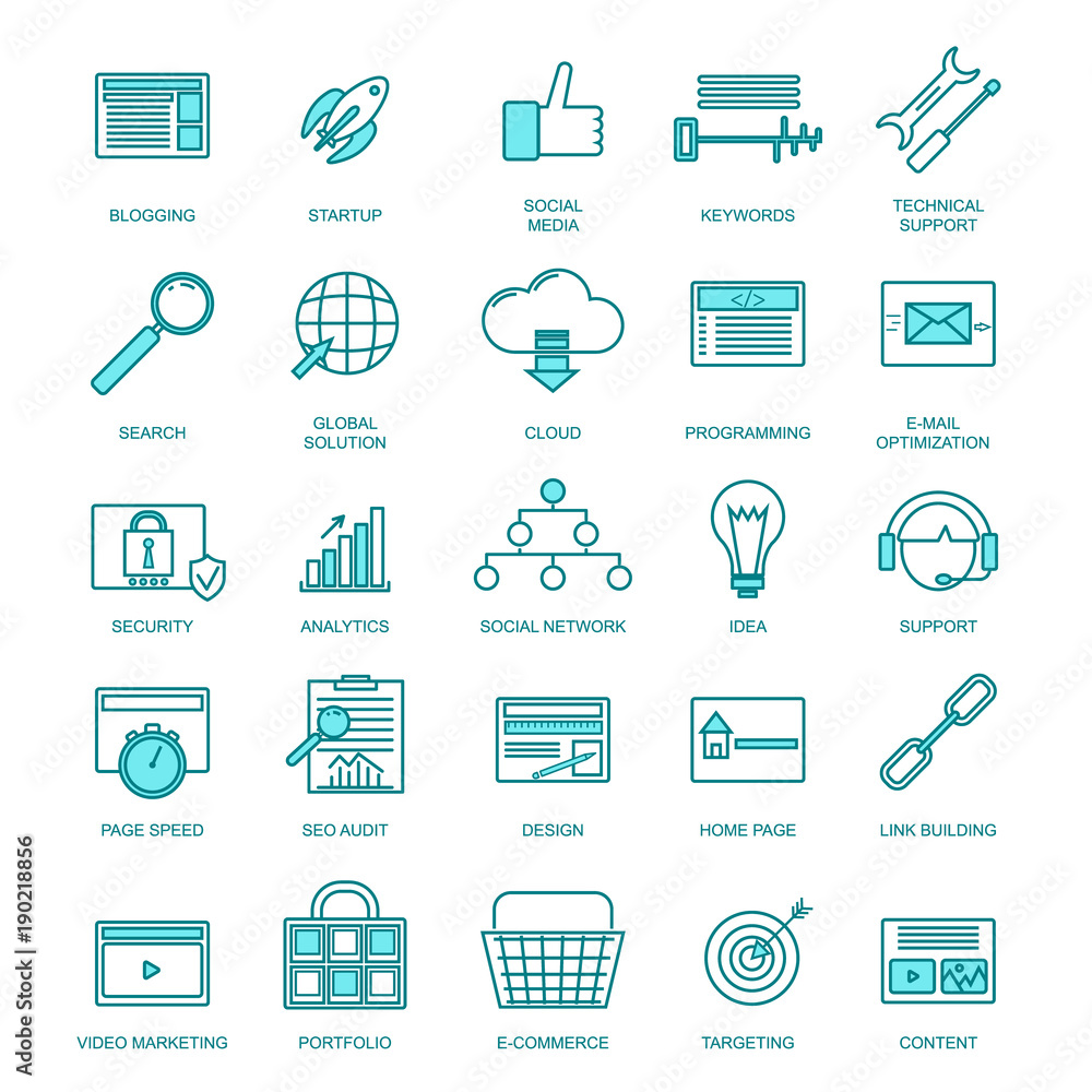 Poster development signs thin line icon set. vector