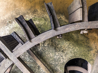 antique wooden water wheel on a farm in brazil