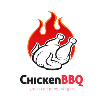 Grilled Chicken vector logo design template with flames for food shops and restaurants. Barbecue concept in cartoon line art style sign, symbol. Vintage illustration.