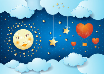 Valentine illustration with surreal night, full moon and hot air balloons