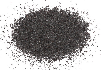 Blue poppy seeds isolated on white background and texture, top view