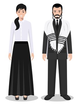Set of standing together jewish man and woman in the traditional clothing isolated on white background in flat style. Differences Israelis in the national dress. Vector illustration.