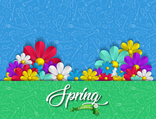 Spring cleaning with set of cleaning supplies and tools pattern. Spring cleaning background. Grand ménage de printemps.