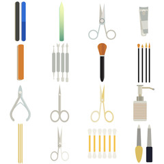 A collection set vector of manicure accessories - nail files, manicure tools, nail scissors, tweezers, nail polish, sticks. hand cream, nail polish remover, brush. 