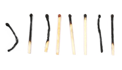 Set, collection of burnt matches isolated on white background, top view