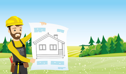 Builder in a yellow helmet with a project of a house in hands.
