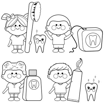 Children dental hygiene set.  Kids with a toothbrush, dental floss and toothpaste. Vector black and white coloring page.