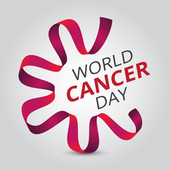 Vector illustration to 4 February - World Cancer Day with awareness red ribbon and text. Can be used for badges, posters or web banners design and other creative projects