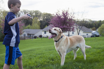 Boy playing with his dog outside