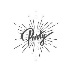 Party lettering sign with bursting light rays. 