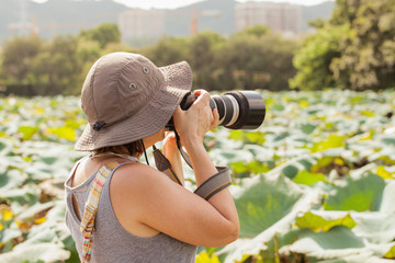 Mid adult female photographer taking shots at tropical park; city of Shenzhen, Guangdong province, People's Republic of China