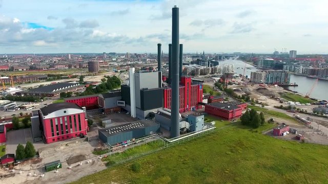 City aerial view over Copenhagen HC Oersted Power Station