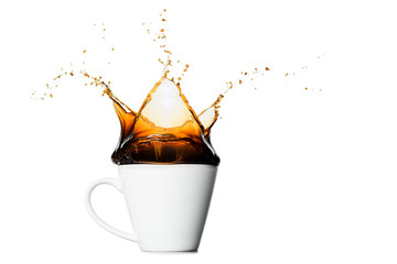 cup of splashing coffee isolated on white background