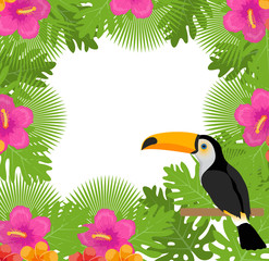 Naklejka premium Tropical frame with flowers, plants and bird toucan. Summer floral template for your design. Exotic background. Vector illustration