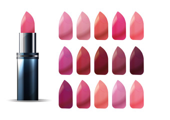 Set of color lipsticks. Red, pink, orange, wine. Red pomade set isolated on white background. lip rouge