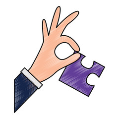 hand holding piece puzzle jigsaw vector illustration drawing color design