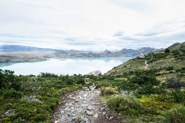 Fototapeta na wymiar Mountain path hiker at Torres del Paine, Patagonia, Chile