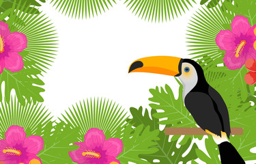 Obraz na płótnie Canvas Tropical frame with flowers, plants and bird toucan. Summer floral template for your design. Exotic background. Vector illustration