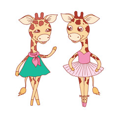 Cute giraffes - in blue dress, ballerina dances in a tutu and on pointes