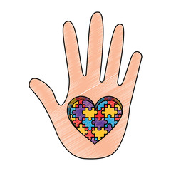 hand with puzzle heart autism symbol vector illustration drawing color design