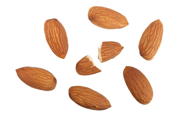 almonds isolated on white background without a shadow close up. Top view