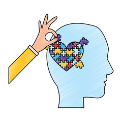 head profile with puzzle heart autism awareness vector illustration drawing color design