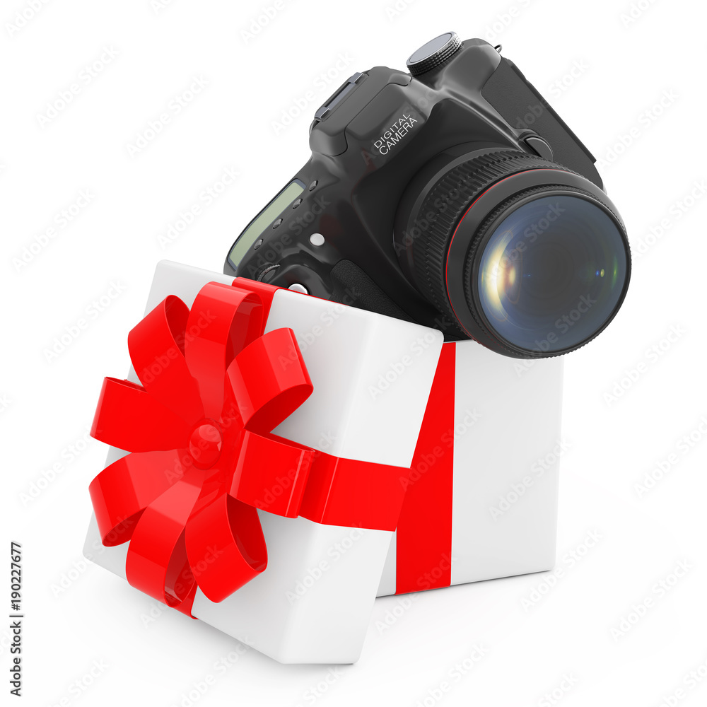 Poster modern digital photo camera come out of the gift box with red ribbon. 3d rendering