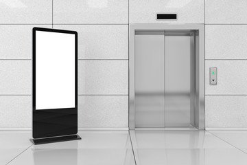 Blank Trade Show LCD Screen Stand as Template for Your Design near Modern Elevator or Lift with Metal Doors in Office Building. 3d Rendering