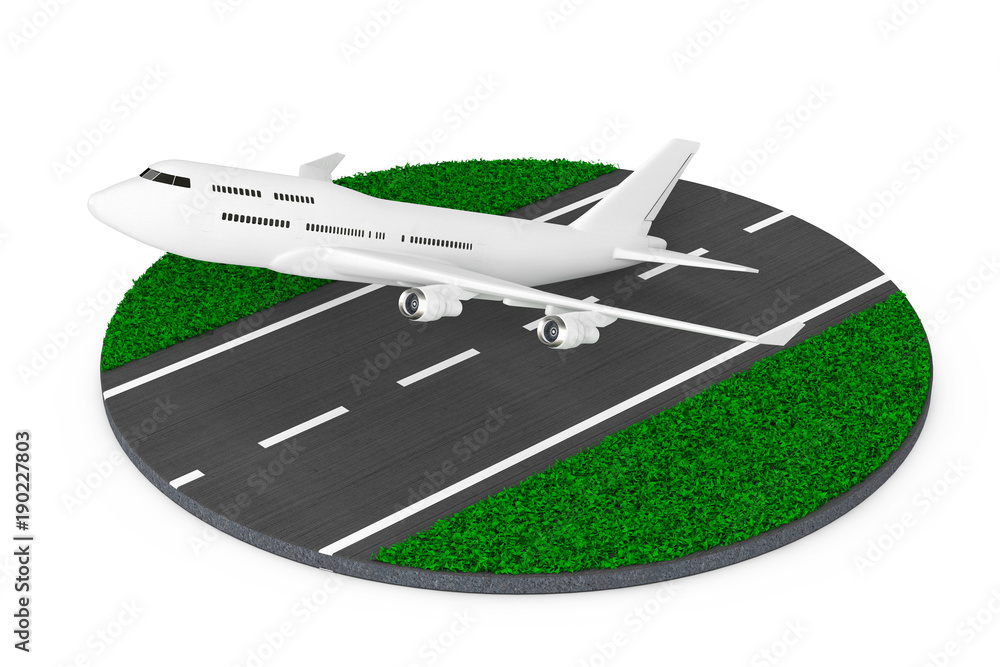 Poster White Jet Passenger's Airplane Take-off from Abstract Runway . 3d Rendering