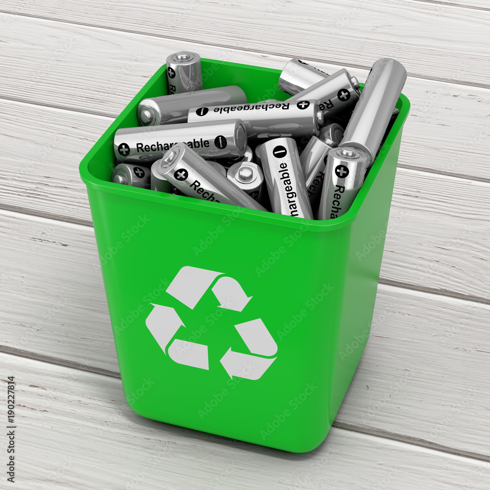 Aufkleber Heap of Rechargeable Batteries in Green Bucket with Recycle Sign. 3d Rendering