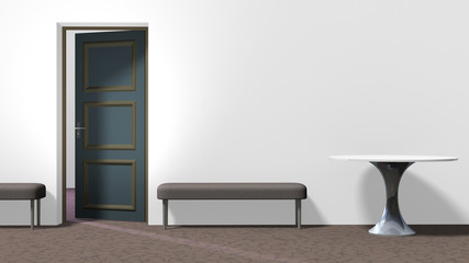Inerior with round table, two backless upholstered benches, white wall, brown floor with crackle pattern, and open door on the left. Horizontal 16:9 interior 3d render.