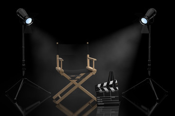 Cinema Industry Concept. Director Chair, Movie Clapper and  Spotlights. 3d Rendering