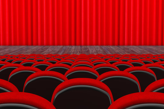 Rows of Red Cinema or Theater Seats in front of Cinema or Theater Scene with Red Curtain. 3d Rendering