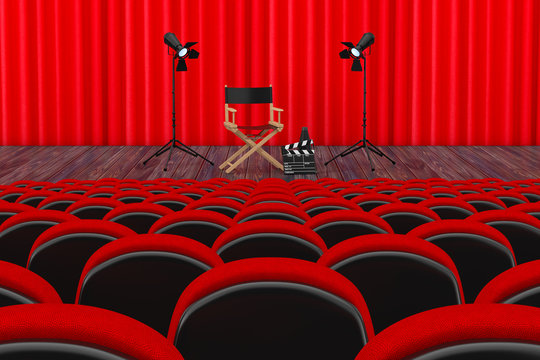 Rows of Red Cinema or Theater Seats in front of Cinema or Theater Scene with Red Curtain and Director Chair, Movie Clapper and Spotlights. 3d Rendering