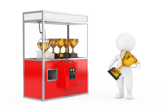 Winner Person with Golden Trophy Prize near Carnival Red Toy Claw Crane Arcade Machine with Golden Trophy. 3d Rendering