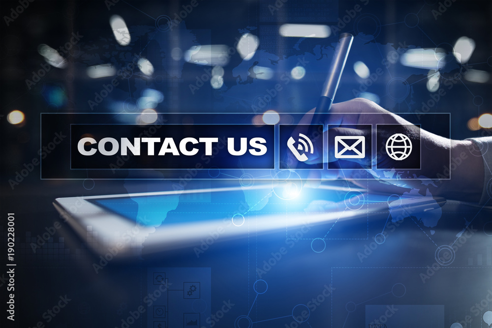 Poster contact us button and text on virtual screen. business and technology concept.