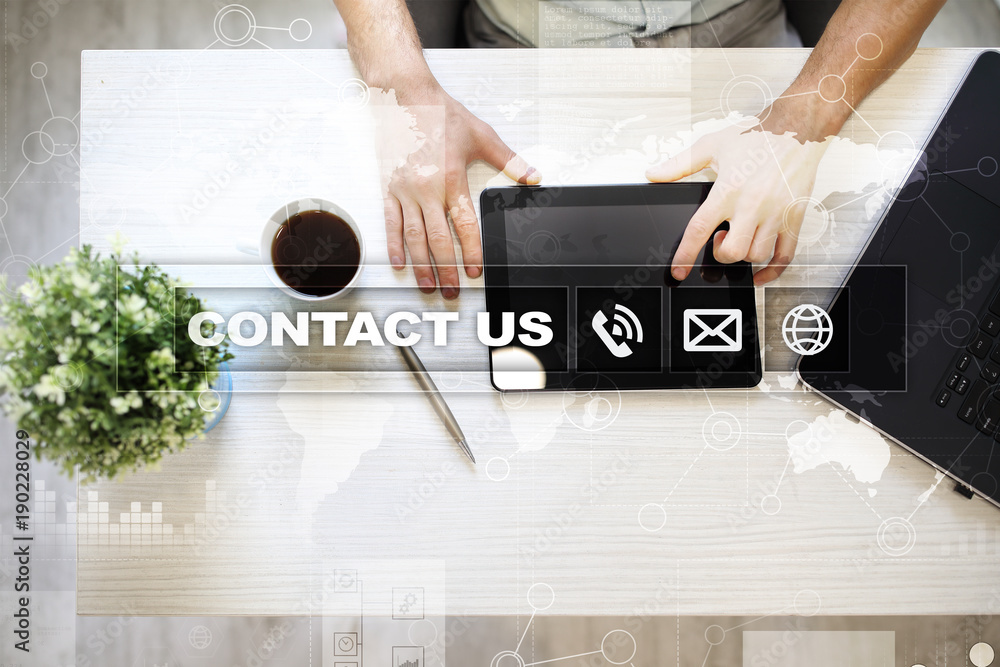 Poster contact us button and text on virtual screen. business and technology concept.