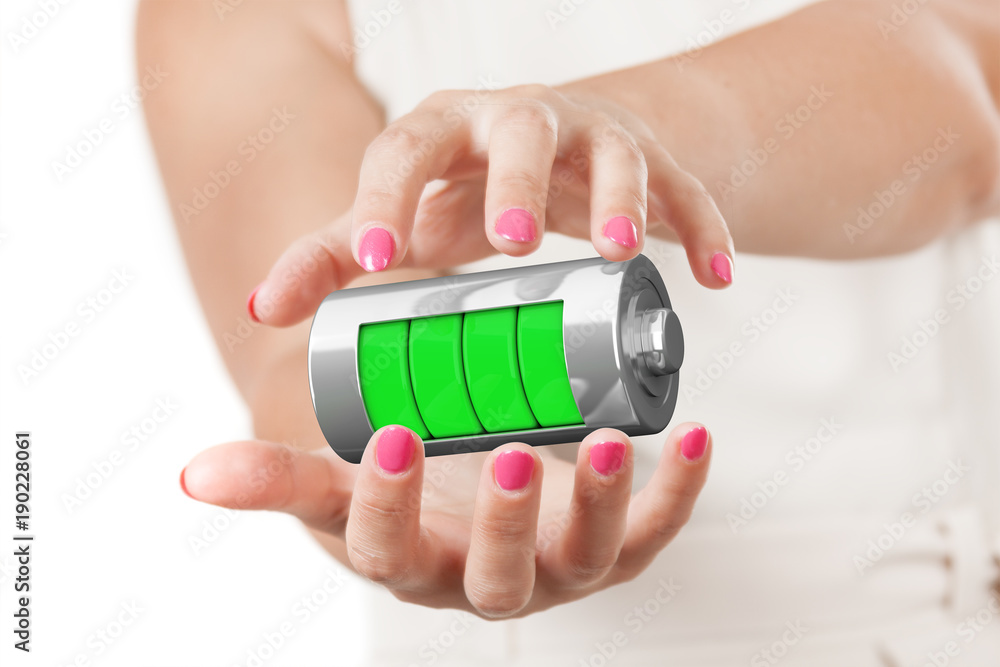 Poster two woman hands protecting abstract charging battery with charge levels. 3d rendering