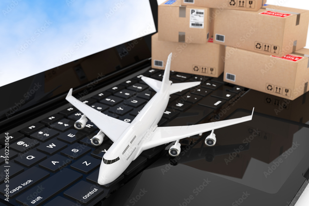 Poster White Jet Passenger's Airplane with Cardboard Boxes over Modern Laptop Computer Keyboard. 3d Rendering