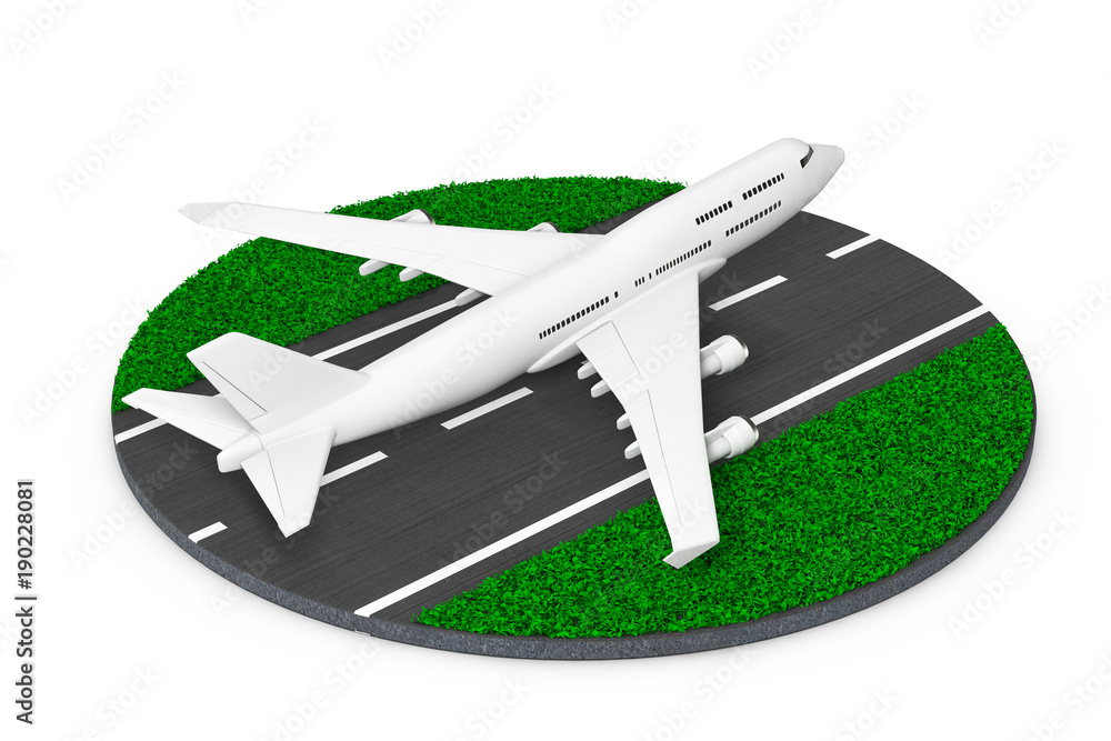 Poster White Jet Passenger's Airplane Take-off from Abstract Runway . 3d Rendering